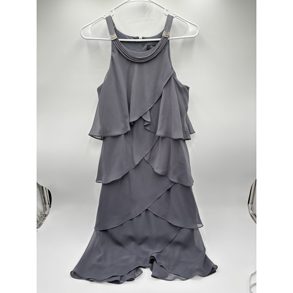 SL Fashions Gray Tiered Chiffon Cocktail Dress Rhinestone Halter Size 10 38"